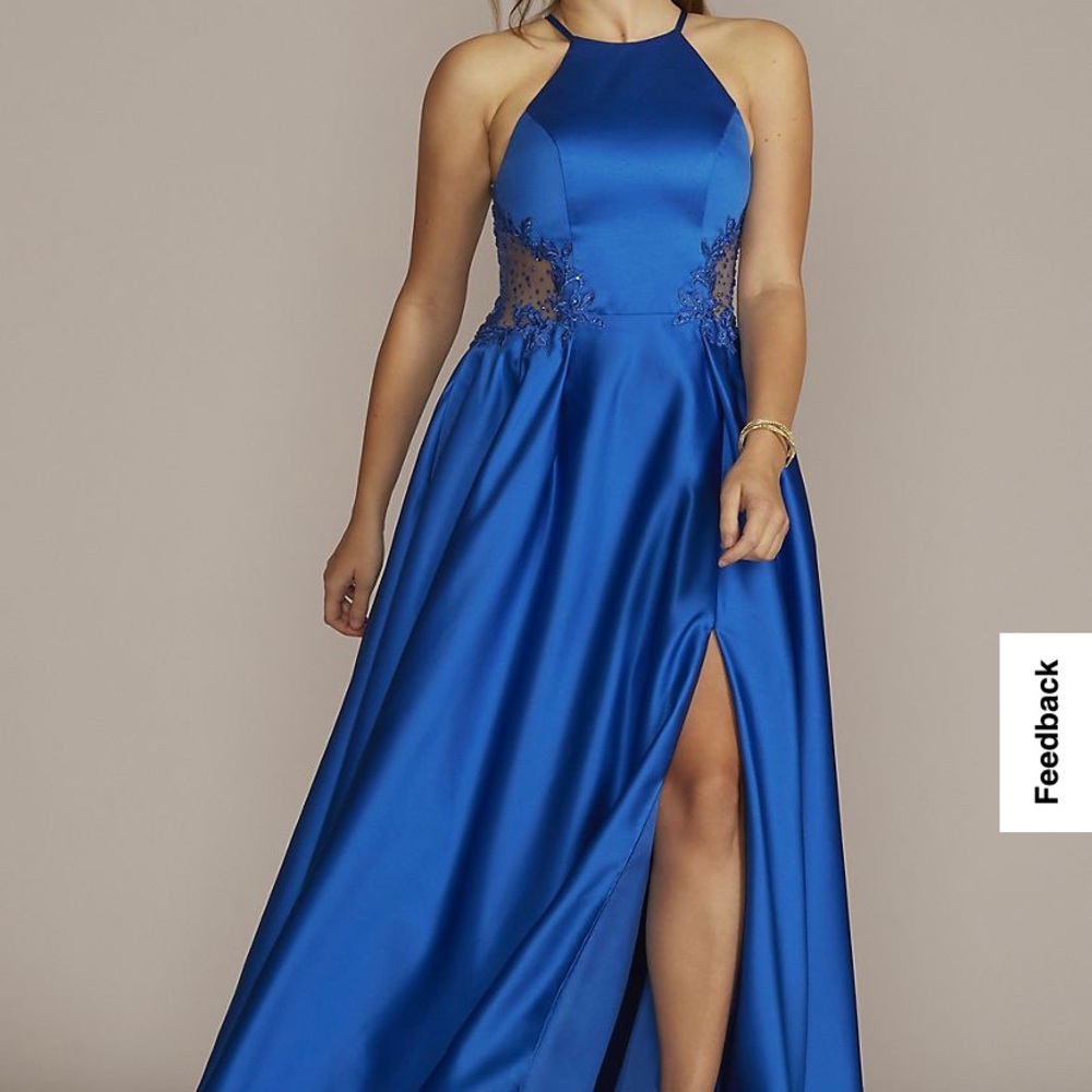 Royal Blue Satin Halter Prom Dress with Side Slit